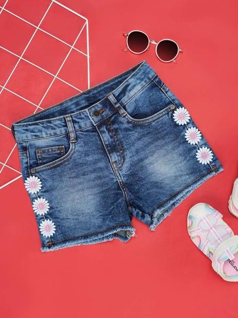 pantaloons junior blue cotton embroidered shorts
