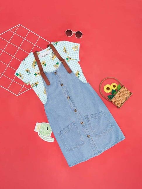 pantaloons junior blue cotton printed dungaree set