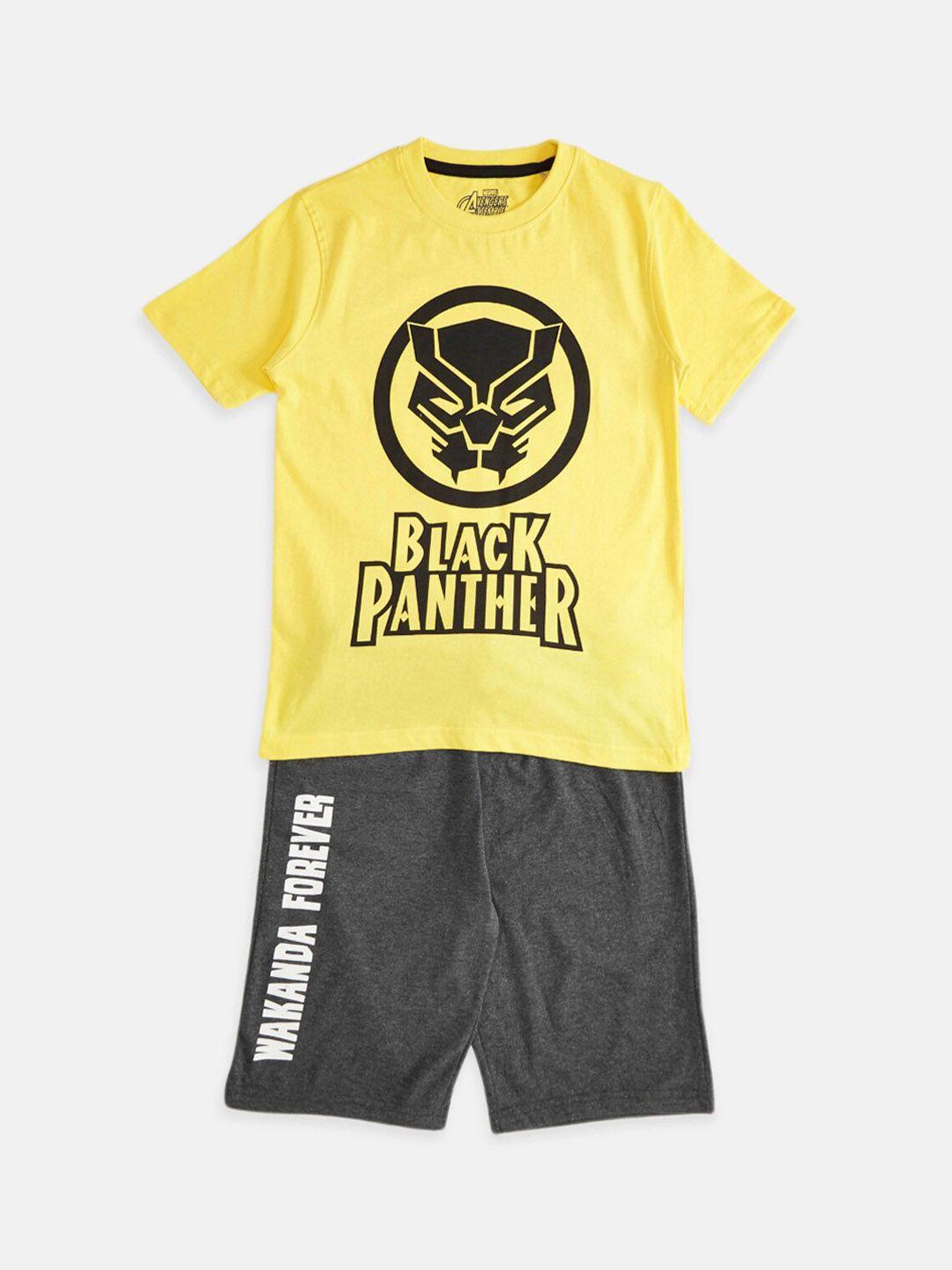 pantaloons junior boys black panther printed cotton t-shirt with shorts