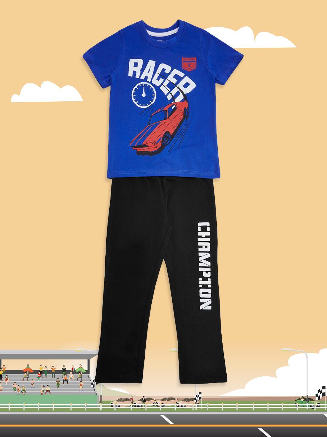 pantaloons junior boys blue & black typography printed pure cotton night suit