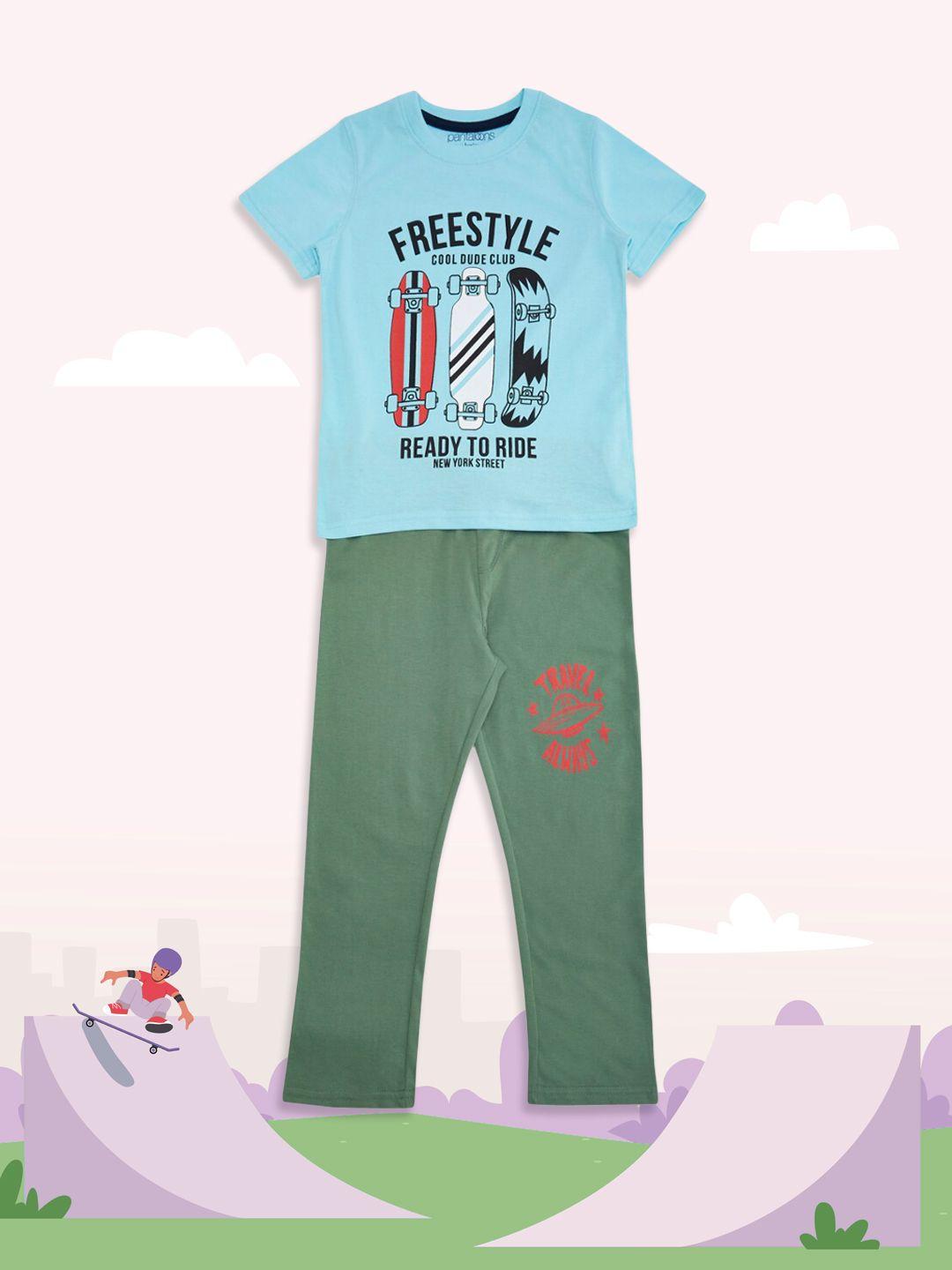 pantaloons junior boys blue & green typography printed pure cotton night suit