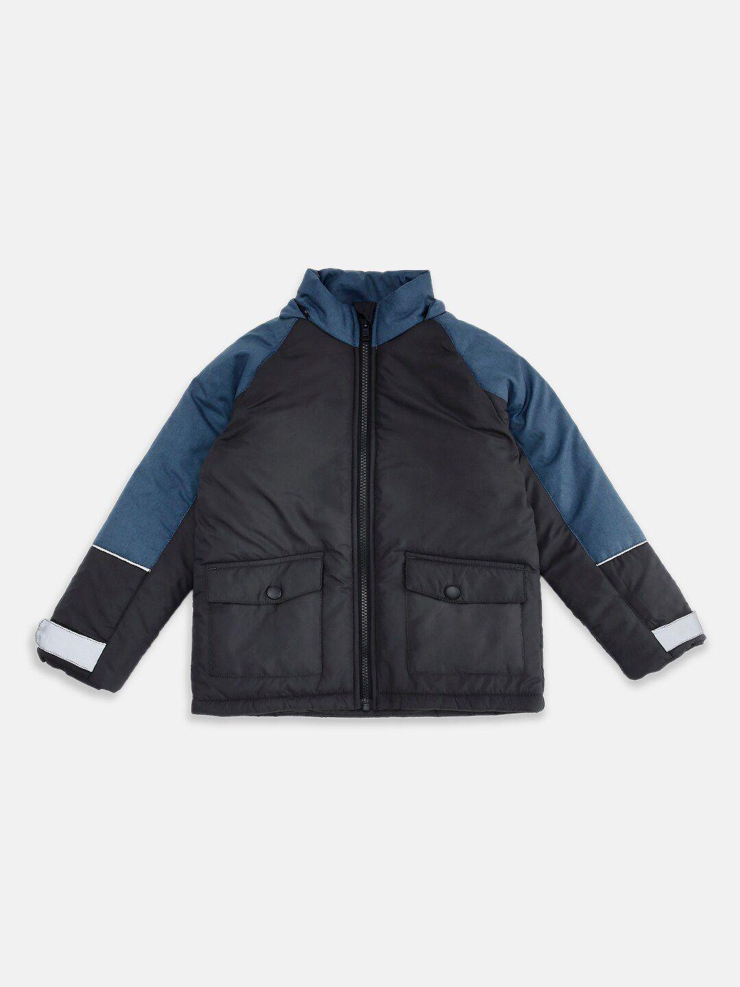 pantaloons junior boys blue black colourblocked puffer jacket