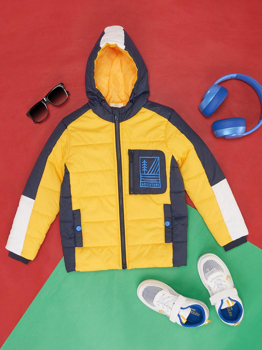 pantaloons junior boys colourblocked hooded puffer jacket with patchwork