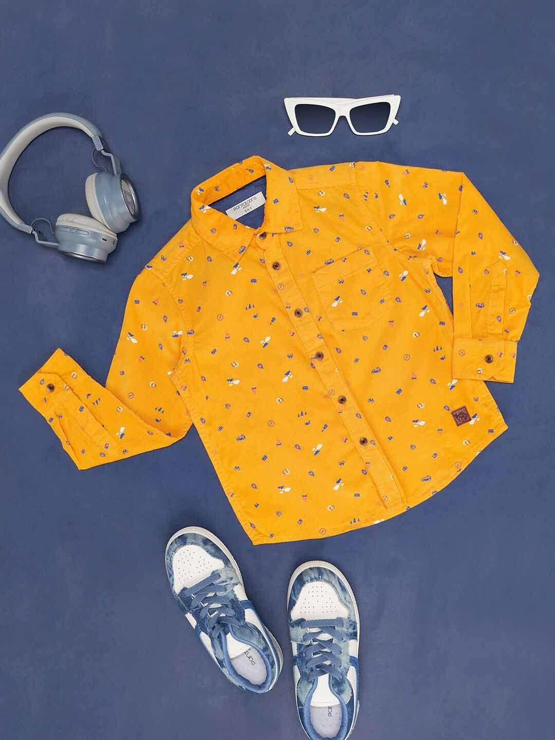 pantaloons junior boys conversational printed spread collar pocket cotton casual shirt