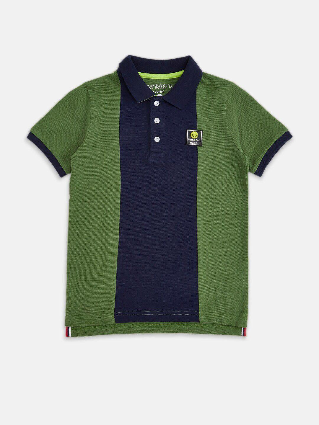 pantaloons junior boys green & blue colourblocked polo collar t-shirt