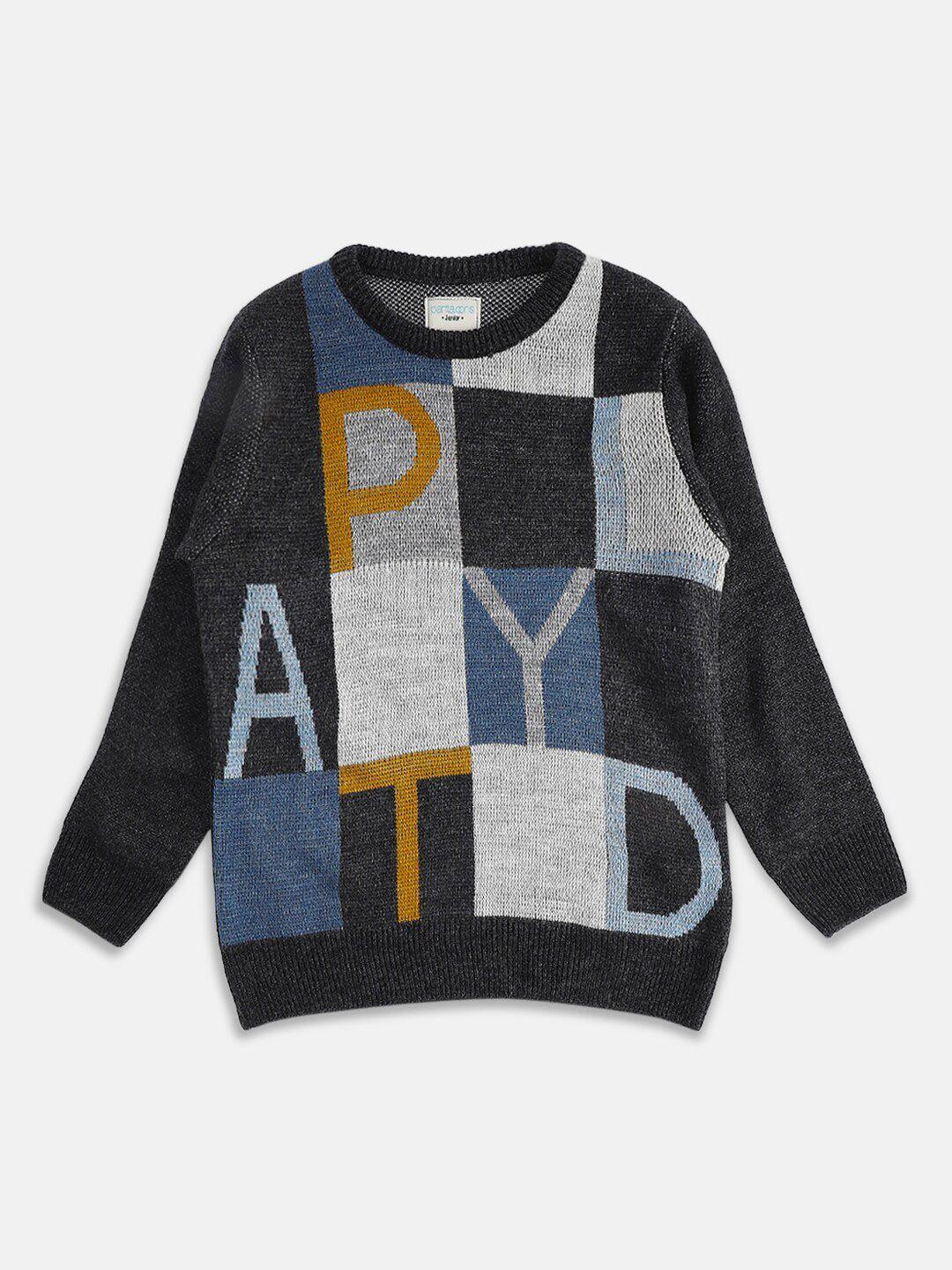 pantaloons junior boys grey & blue typography cotton printed pullover