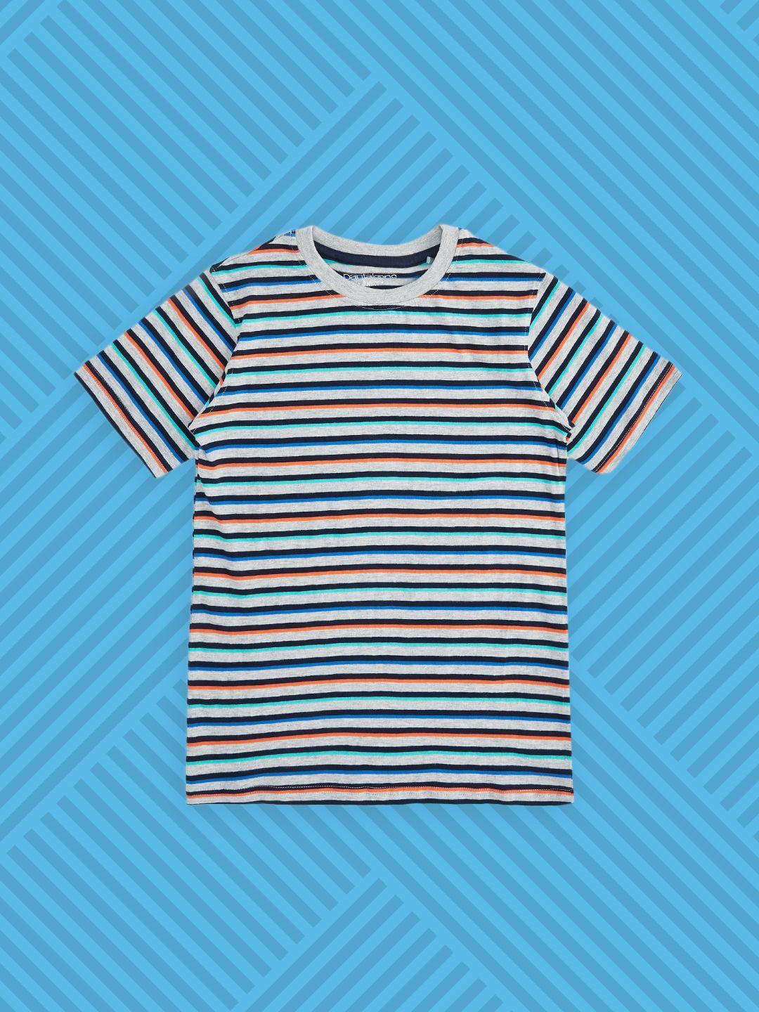 pantaloons junior boys grey melange & blue striped pure cotton t-shirt