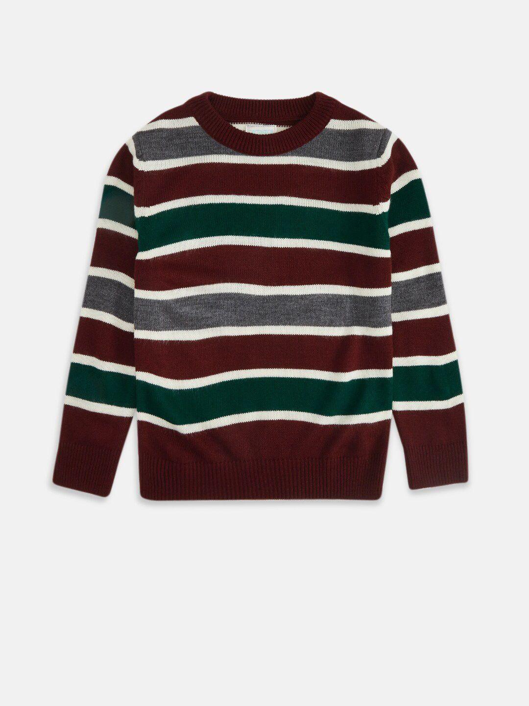 pantaloons junior boys maroon & green striped round neck pullover