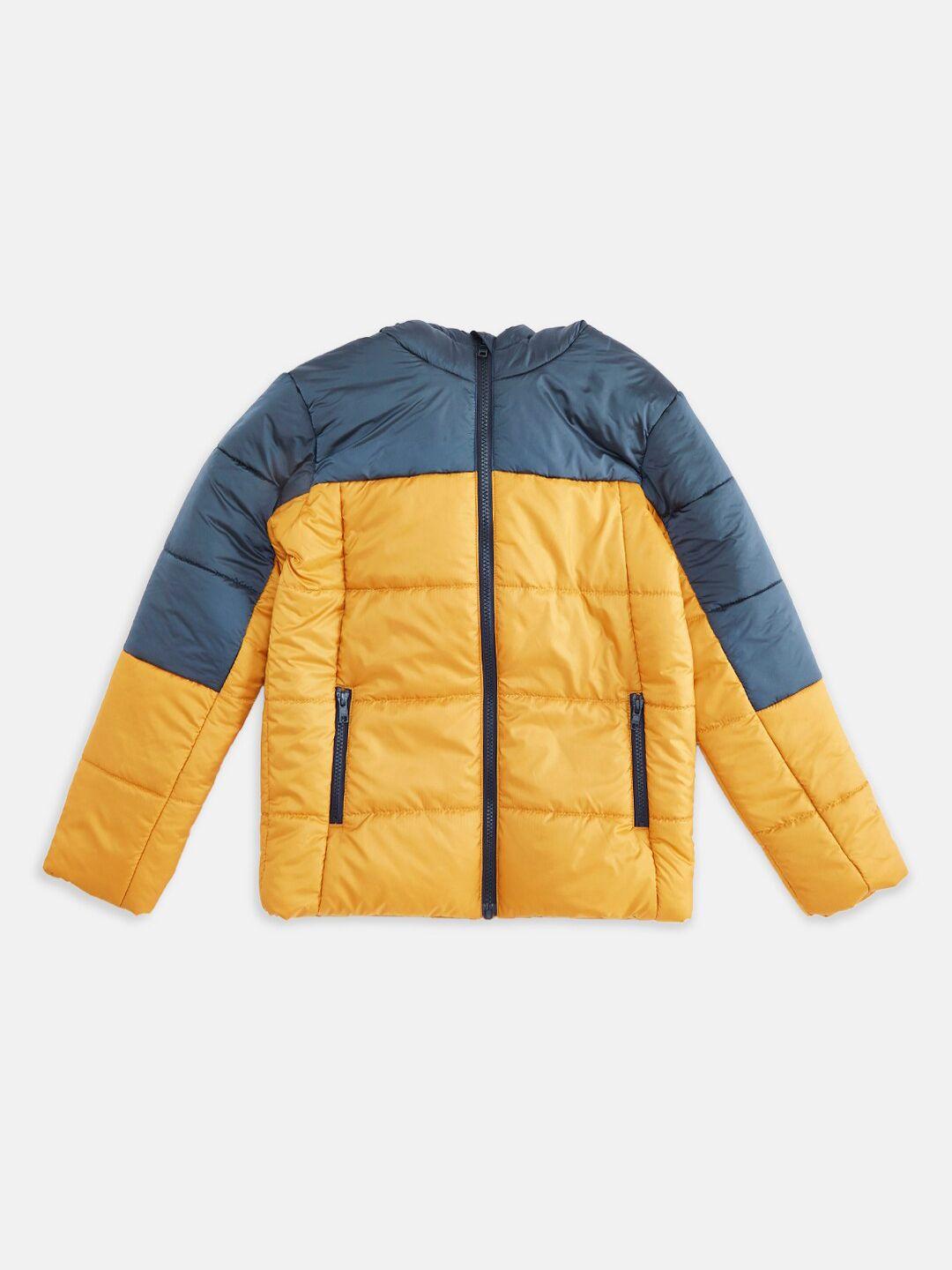 pantaloons junior boys mustard & navy blue colourblocked hooded puffer jacket