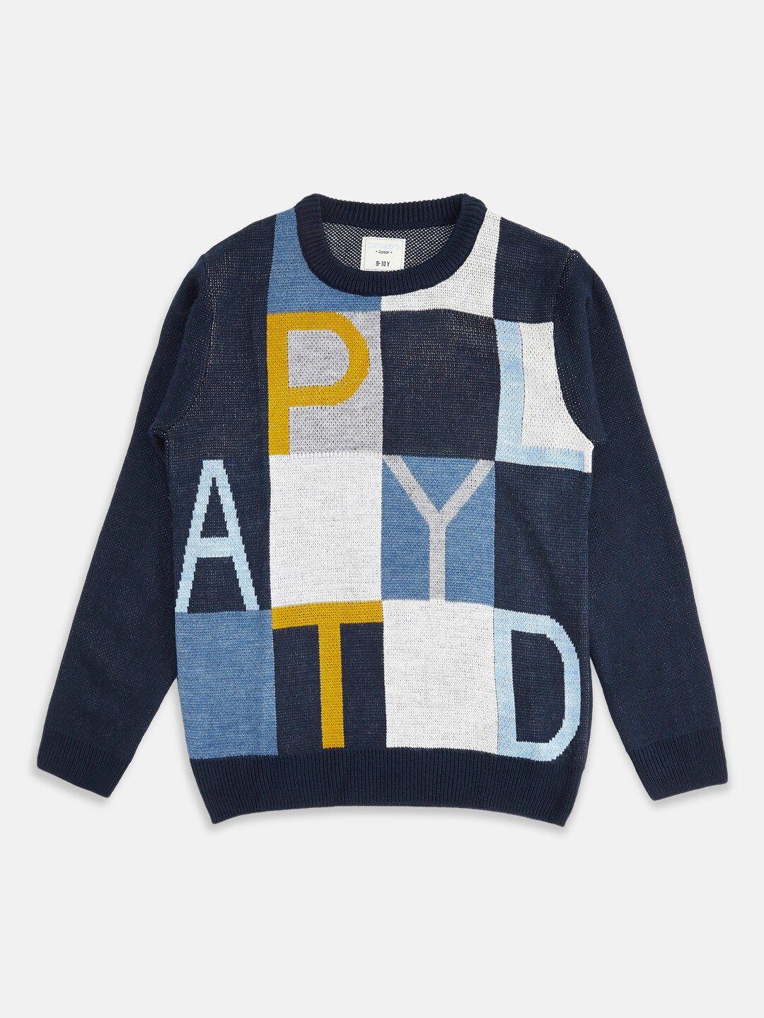 pantaloons junior boys navy blue & grey typography acrylic printed pullover