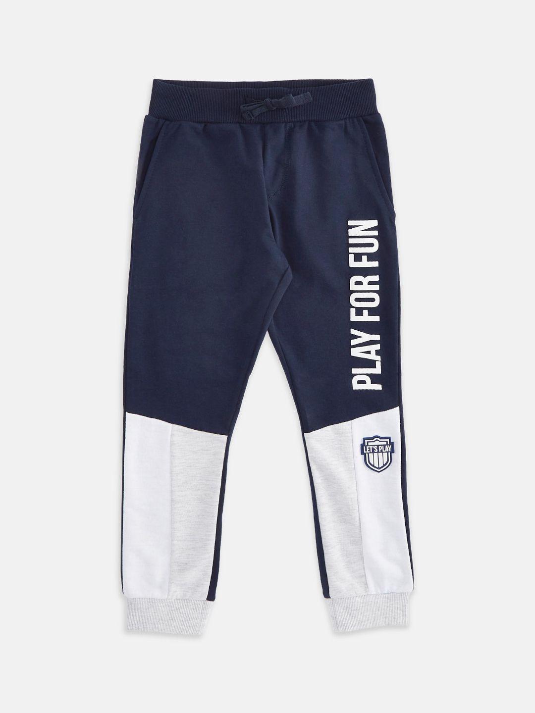 pantaloons junior boys navy blue & white colourblocked pure cotton joggers