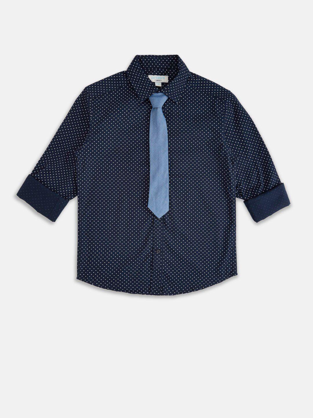 pantaloons junior boys navy blue printed cotton party shirt with tie