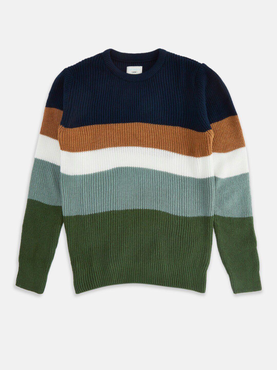 pantaloons junior boys olive green & blue striped pullover