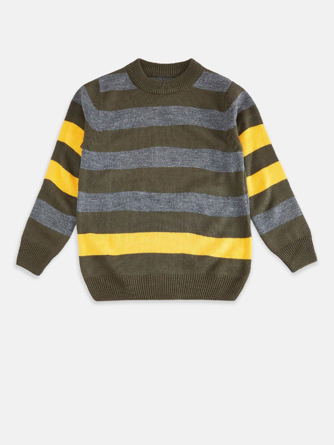 pantaloons junior boys olive green & grey striped pullover