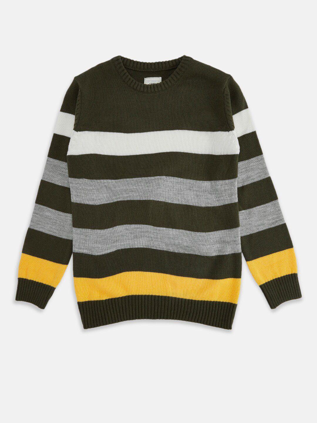 pantaloons junior boys olive green & yellow striped pullover
