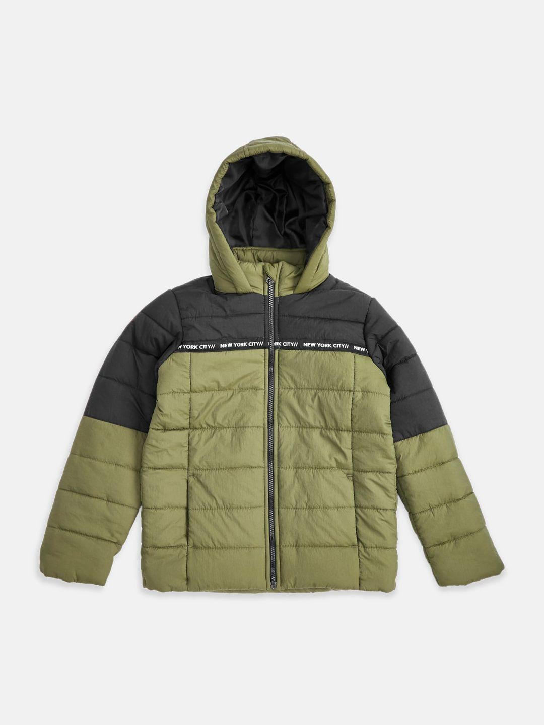 pantaloons junior boys olive green colourblocked puffer jacket with patchwork