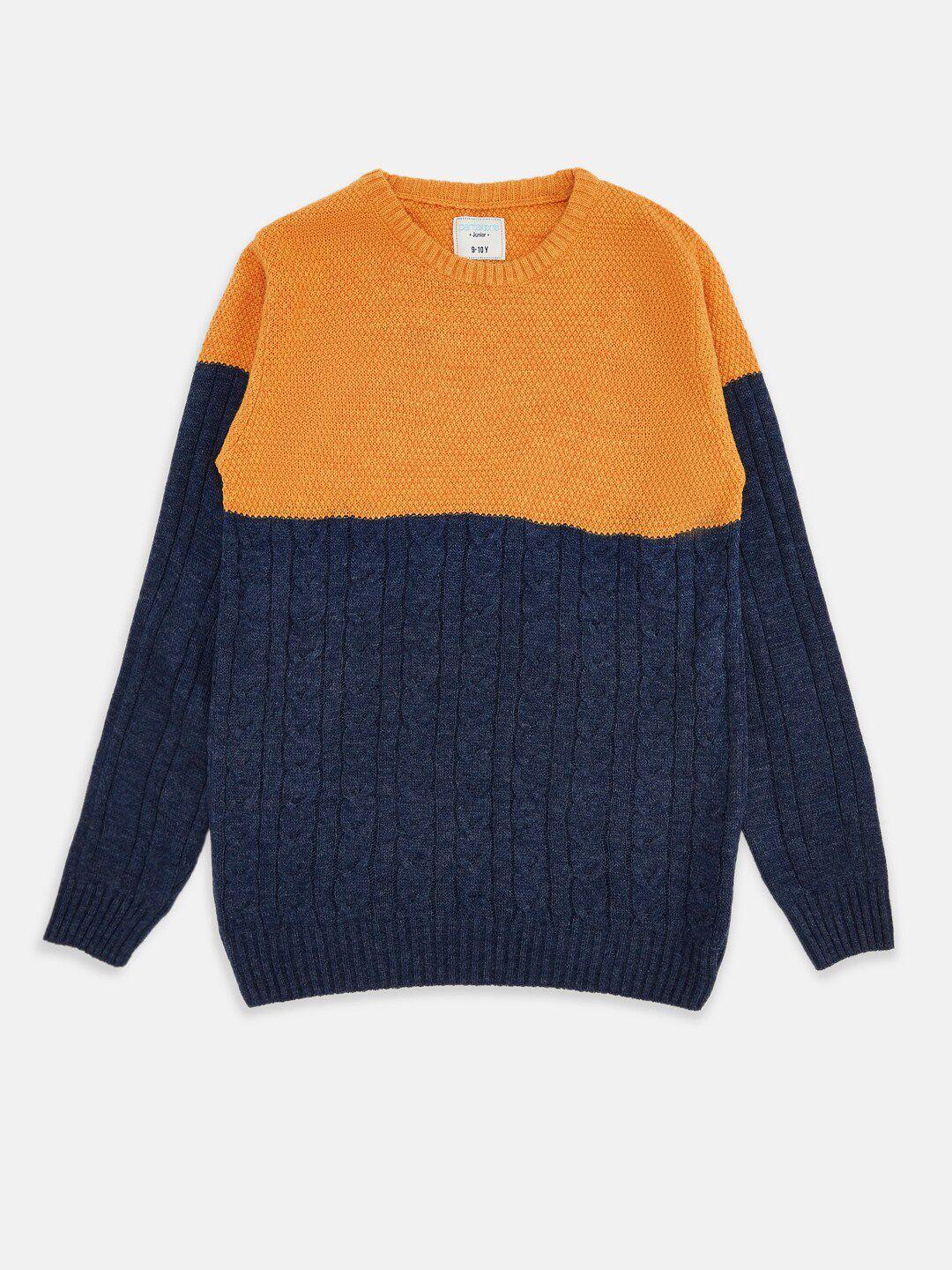 pantaloons junior boys orange & navy blue colourblocked pullover