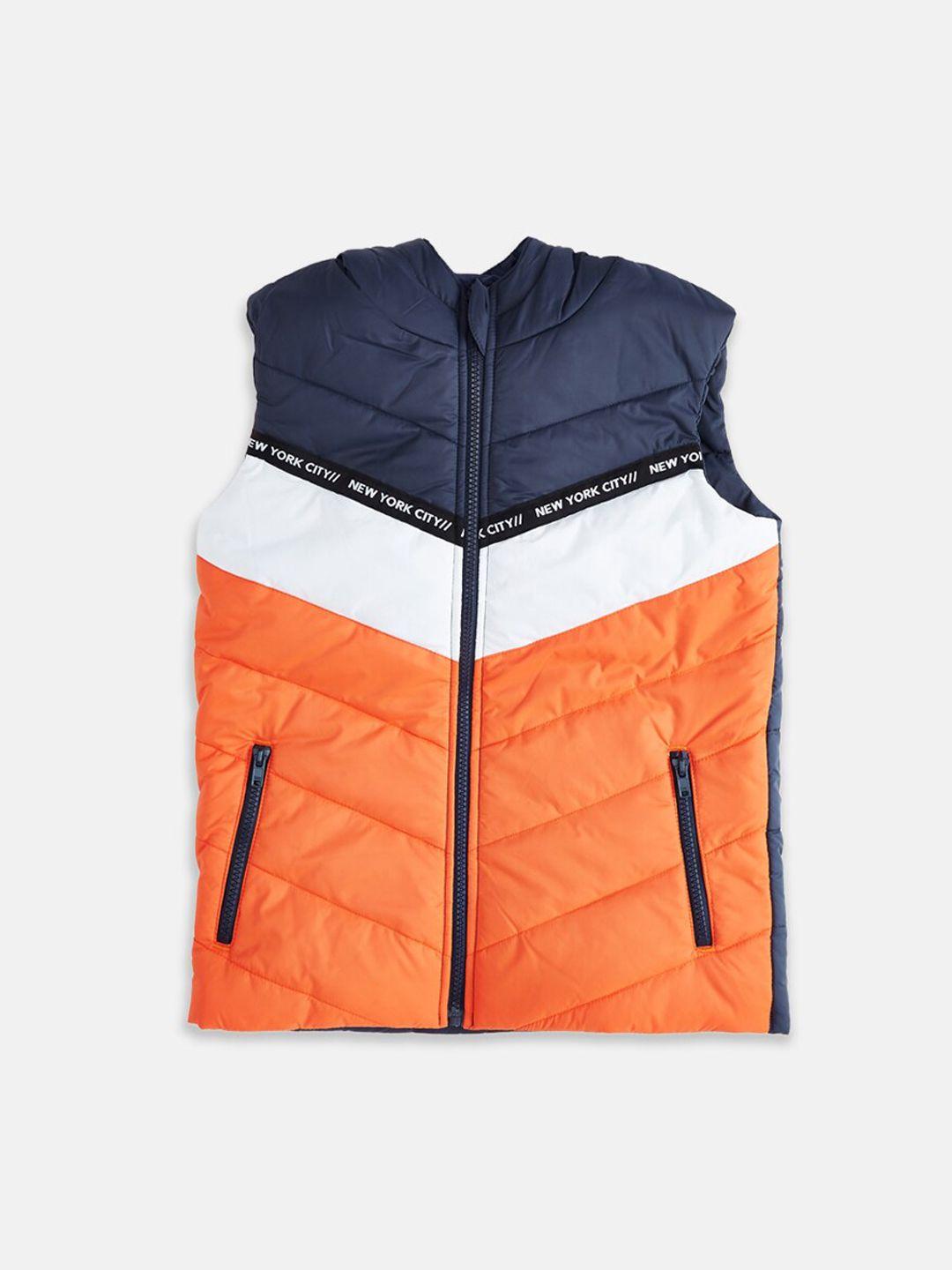 pantaloons junior boys orange navy blue colourblocked puffer jacket