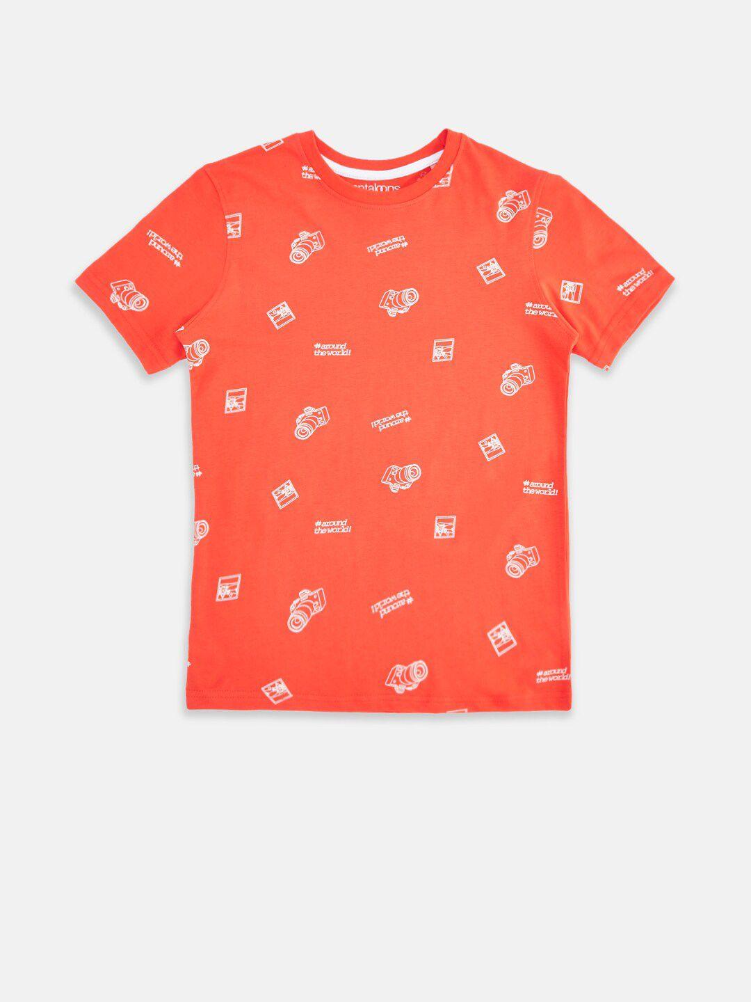 pantaloons junior boys orange printed pure cotton t-shirt