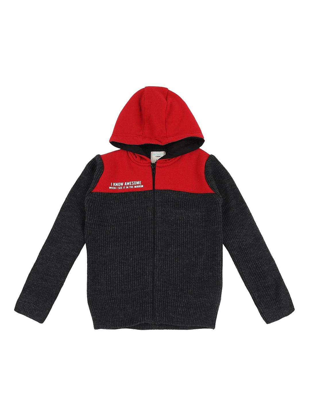 pantaloons junior boys red & black colourblocked hooded sweater