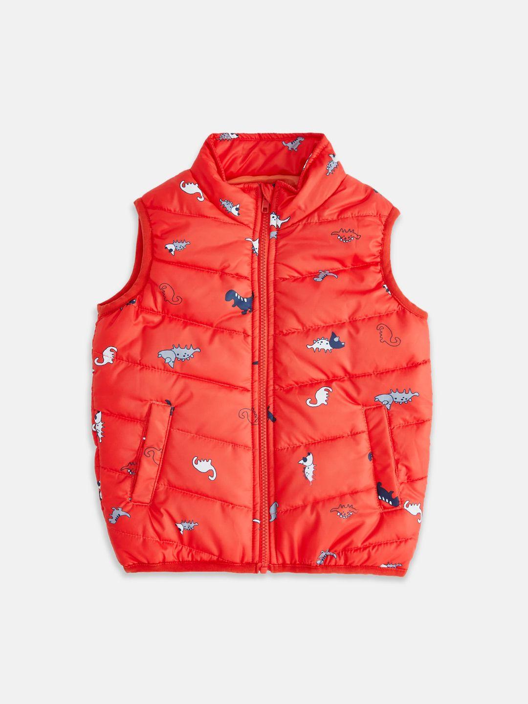 pantaloons junior boys red printed padded jacket