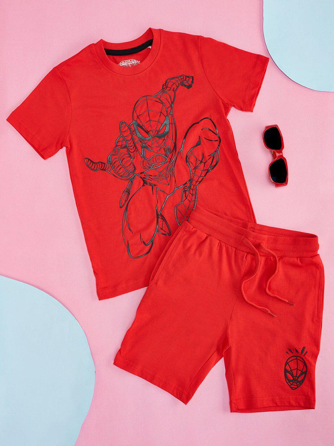 pantaloons junior boys spider-man printed pure cotton t-shirt with shorts