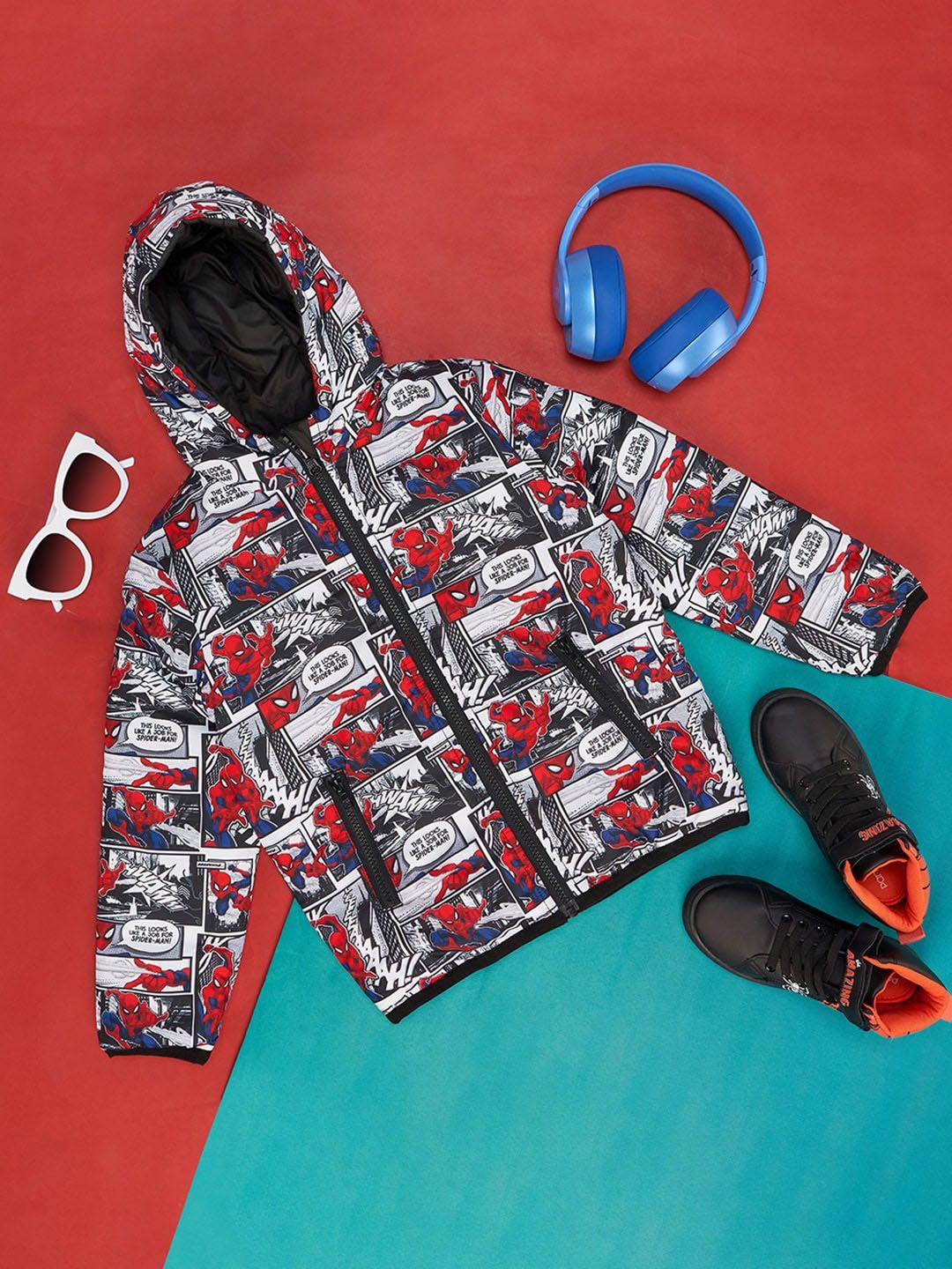 pantaloons junior boys superhero spider man graphic printed hooded padded jacket