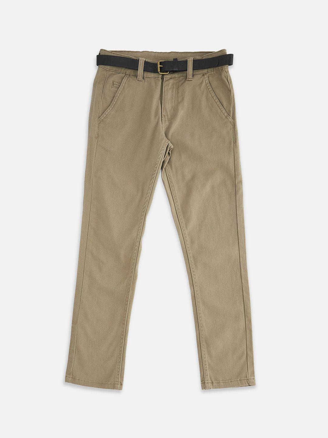 pantaloons junior boys tan solid cotton regular fit trousers