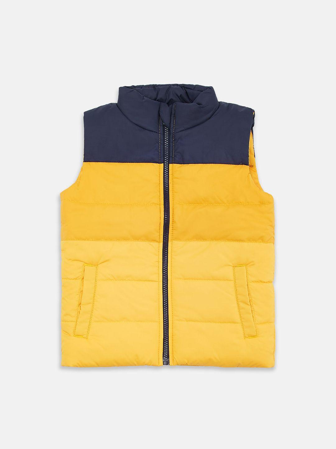 pantaloons junior boys yellow & grey colourblocked puffer jacket with patchwork