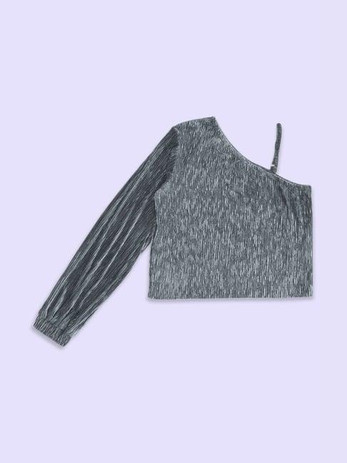 pantaloons junior charcoal grey cotton self pattern full sleeves top