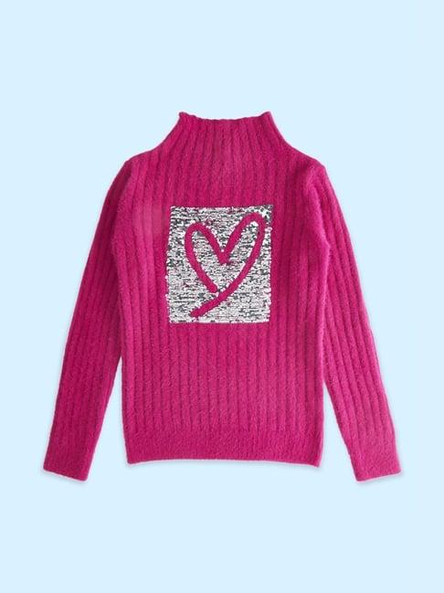 pantaloons junior fuchsia pink embellished full sleeves sweater