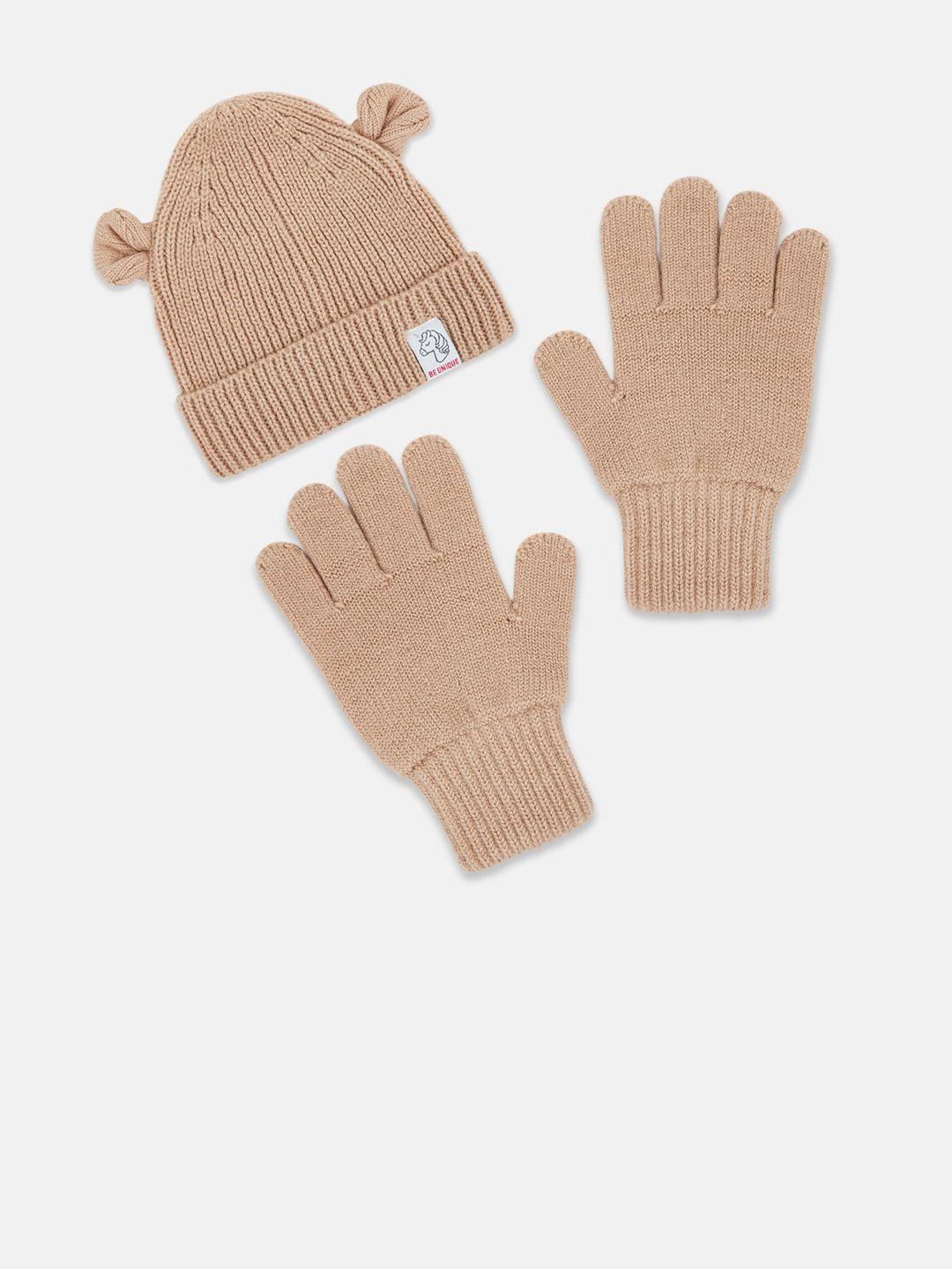pantaloons junior girls beige solid acrylic beanie cap with gloves