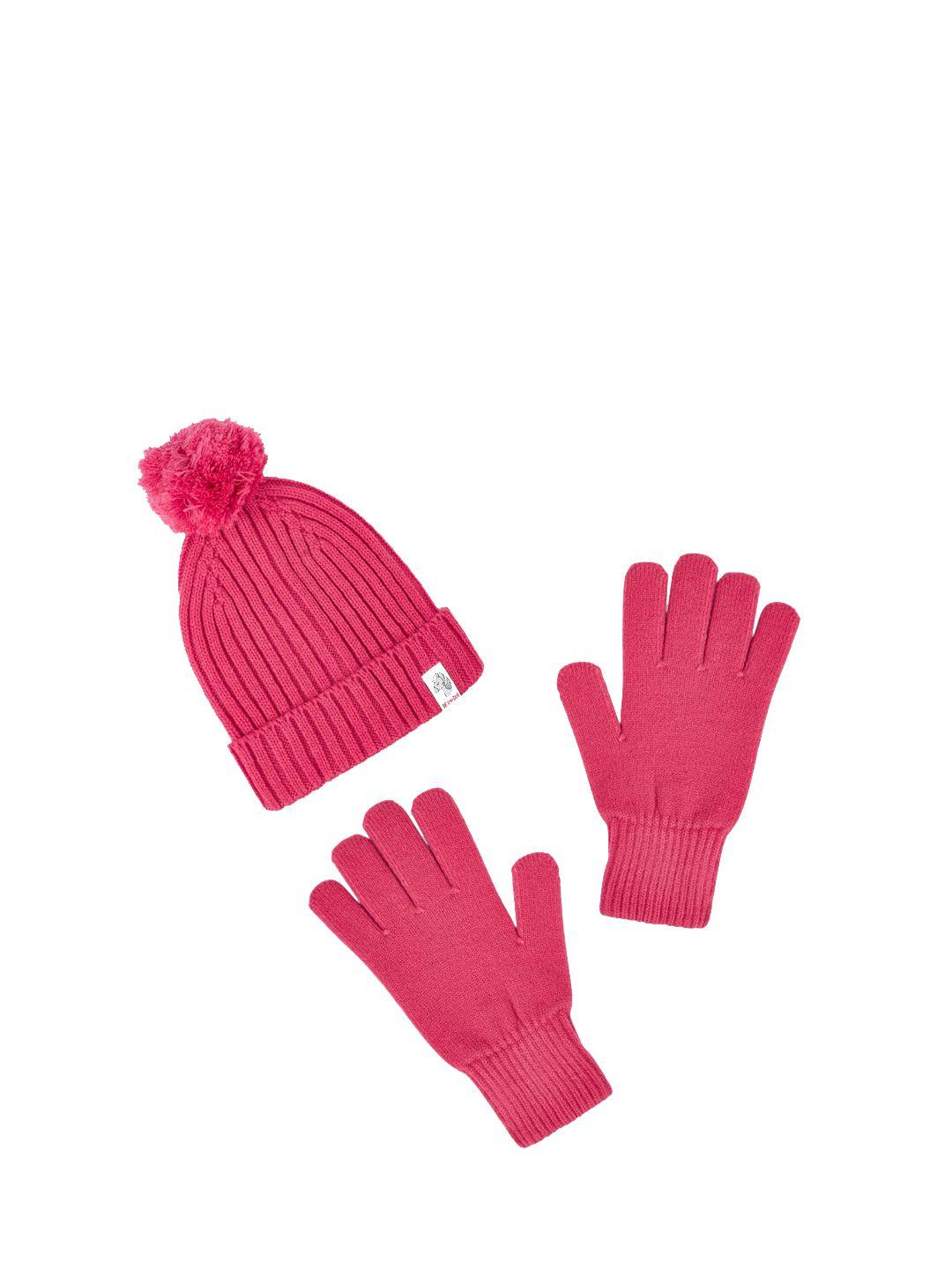pantaloons junior girls pink acrylic self design beanie with hand gloves
