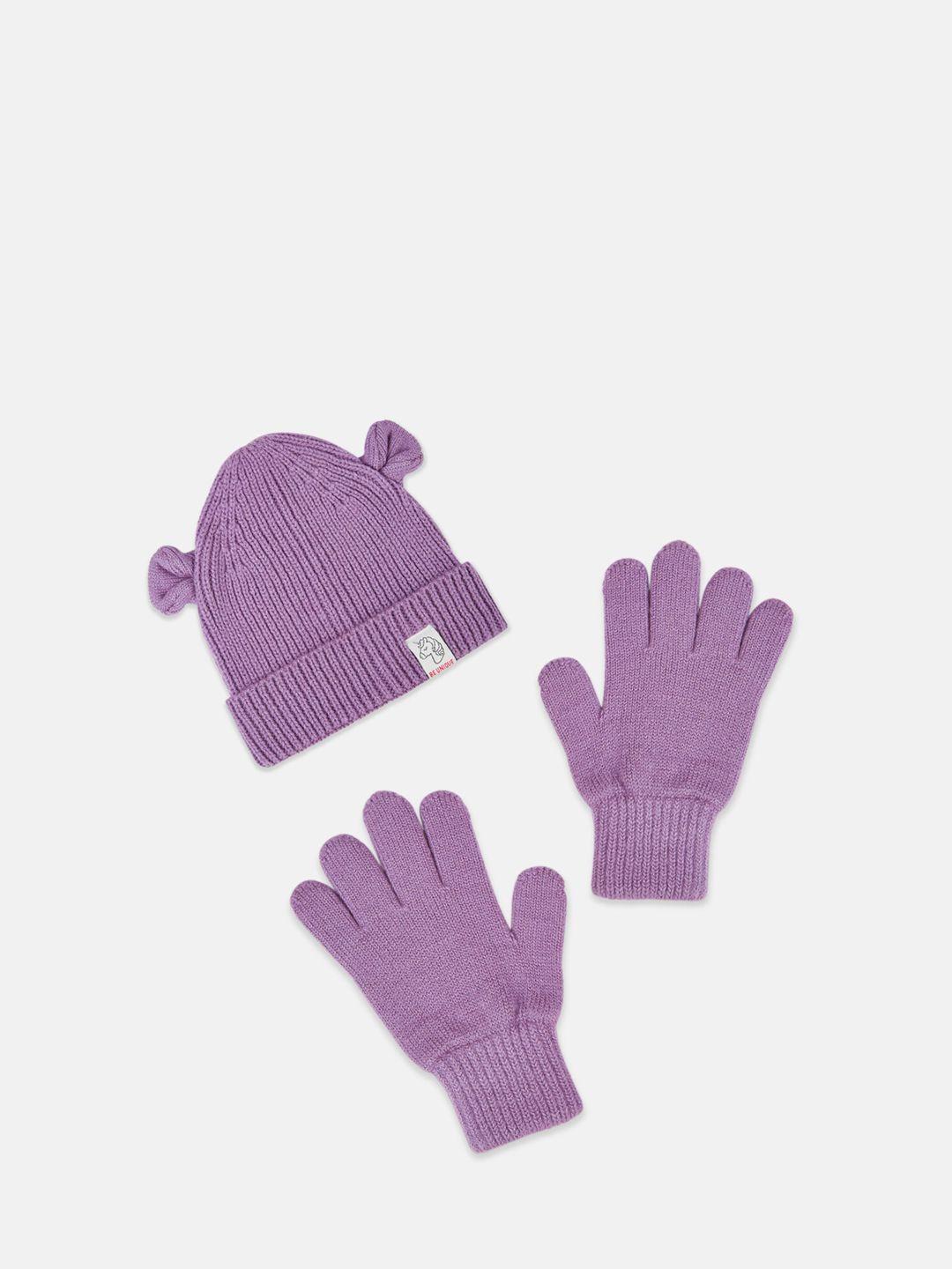 pantaloons junior girls purple self design acrylic beanie with gloves
