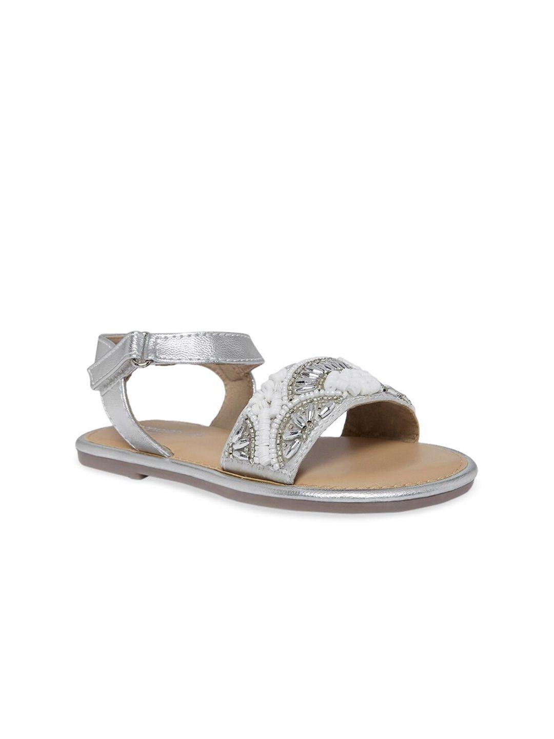 pantaloons junior girls white & silver-toned embellished open toe flats