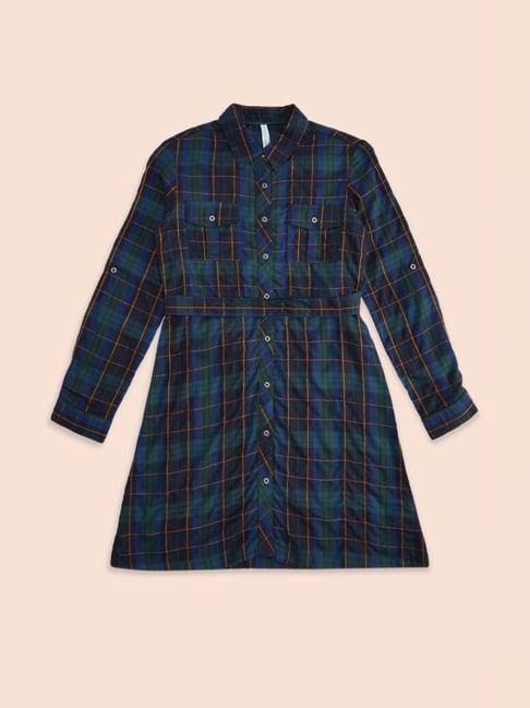 pantaloons junior green & blue cotton chequered full sleeves dress