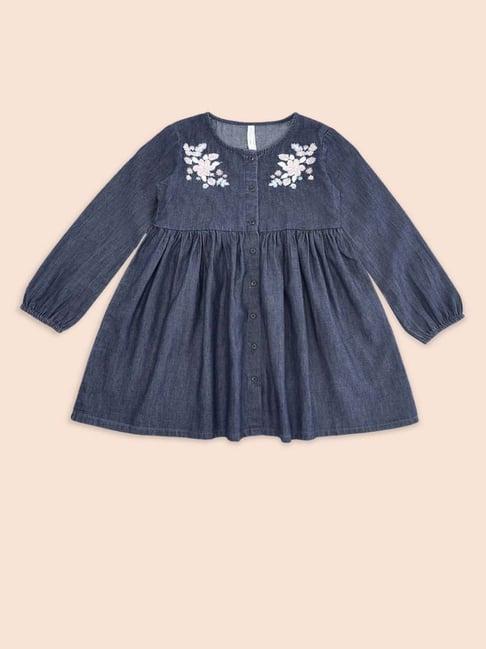 pantaloons junior kids blue cotton embroidered full sleeves dress