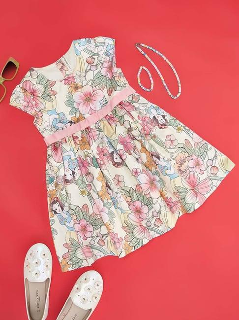 pantaloons junior kids cream & pink floral print dress