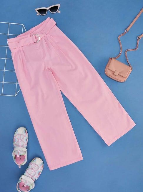 pantaloons junior kids crystal rose pink cotton flared fit trousers