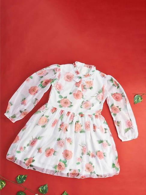 pantaloons junior kids off-white & pink cotton floral print full sleeves dress