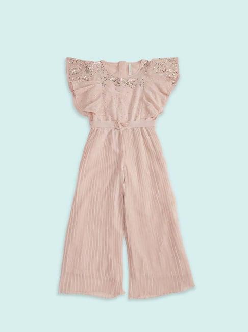 pantaloons junior kids peach cotton embellished jumpsuit