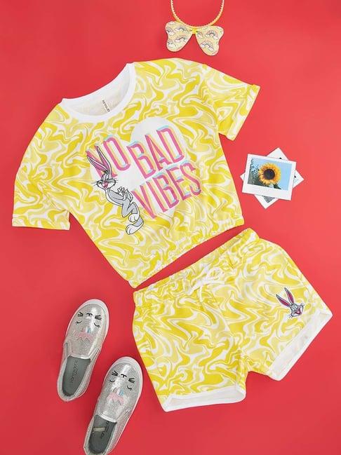 pantaloons junior kids sunshine yellow cotton printed t-shirt set