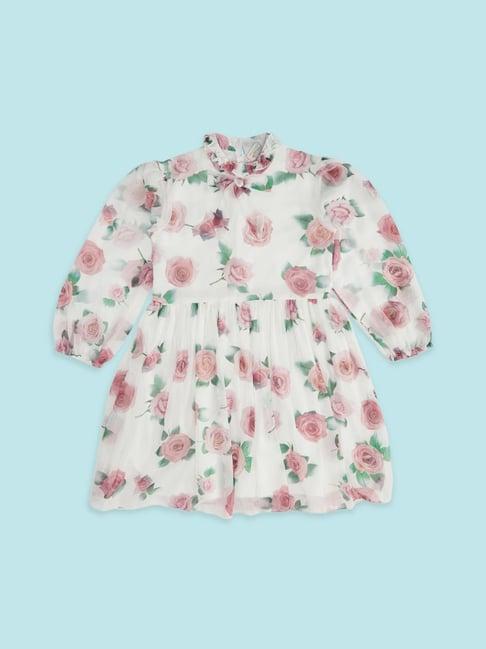 pantaloons junior off-white & pink cotton floral print full sleeves dress