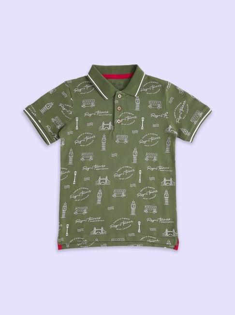 pantaloons junior olive cotton printed polo t-shirt