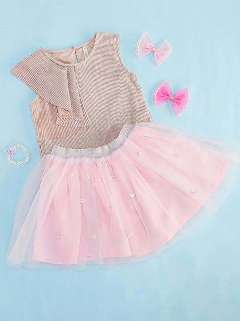 pantaloons junior pink cotton self pattern top set