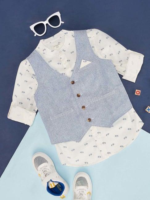 pantaloons junior white & blue cotton printed full sleeves shirt set
