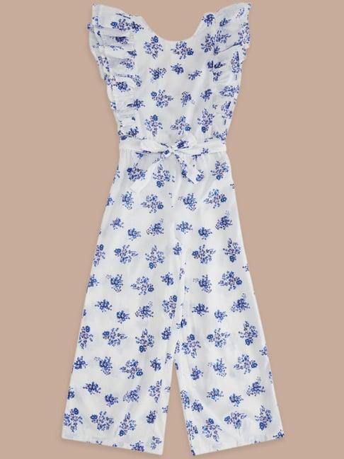 pantaloons junior white & blue floral print jumpsuit