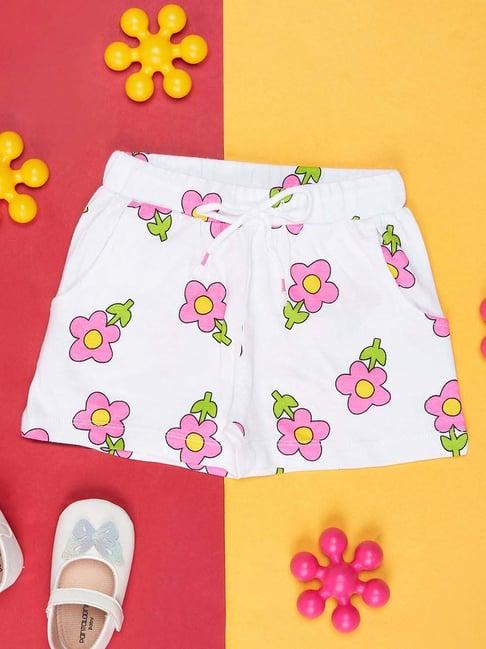 pantaloons junior white & pink cotton floral print shorts