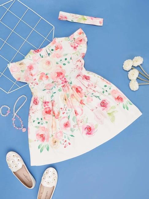 pantaloons junior white & pink floral print dress