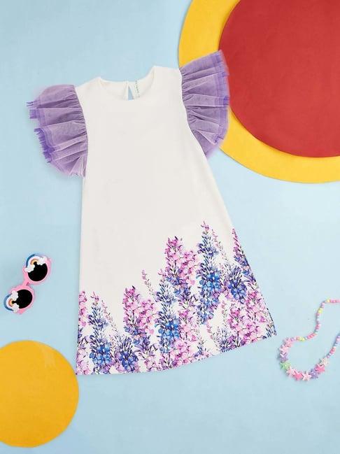 pantaloons junior white & purple cotton printed dress